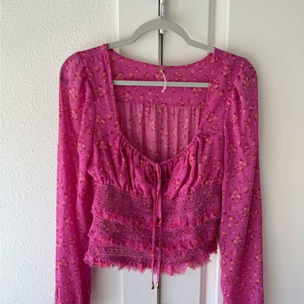 Free People Fuchsia Pink Floral Long Sleeve Smocked Crop Blouse
